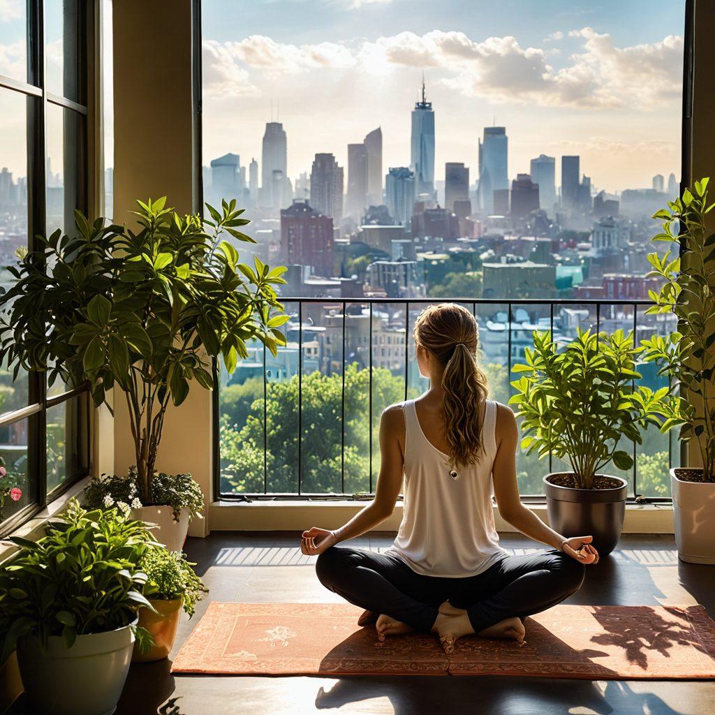 A serene morning scene depicting a person meditating on a sunlit balcony, surrounded by lush plants and a steaming cup of herbal tea. In the background, a vibrant city skyline symbolizes wealth and opportunity, while symbols of happiness like a blooming flower and a glowing heart float around. Warm colors create an inviting atmosphere that communicates tranquility and prosperity. super-realistic. vibrant colors. soft focus.