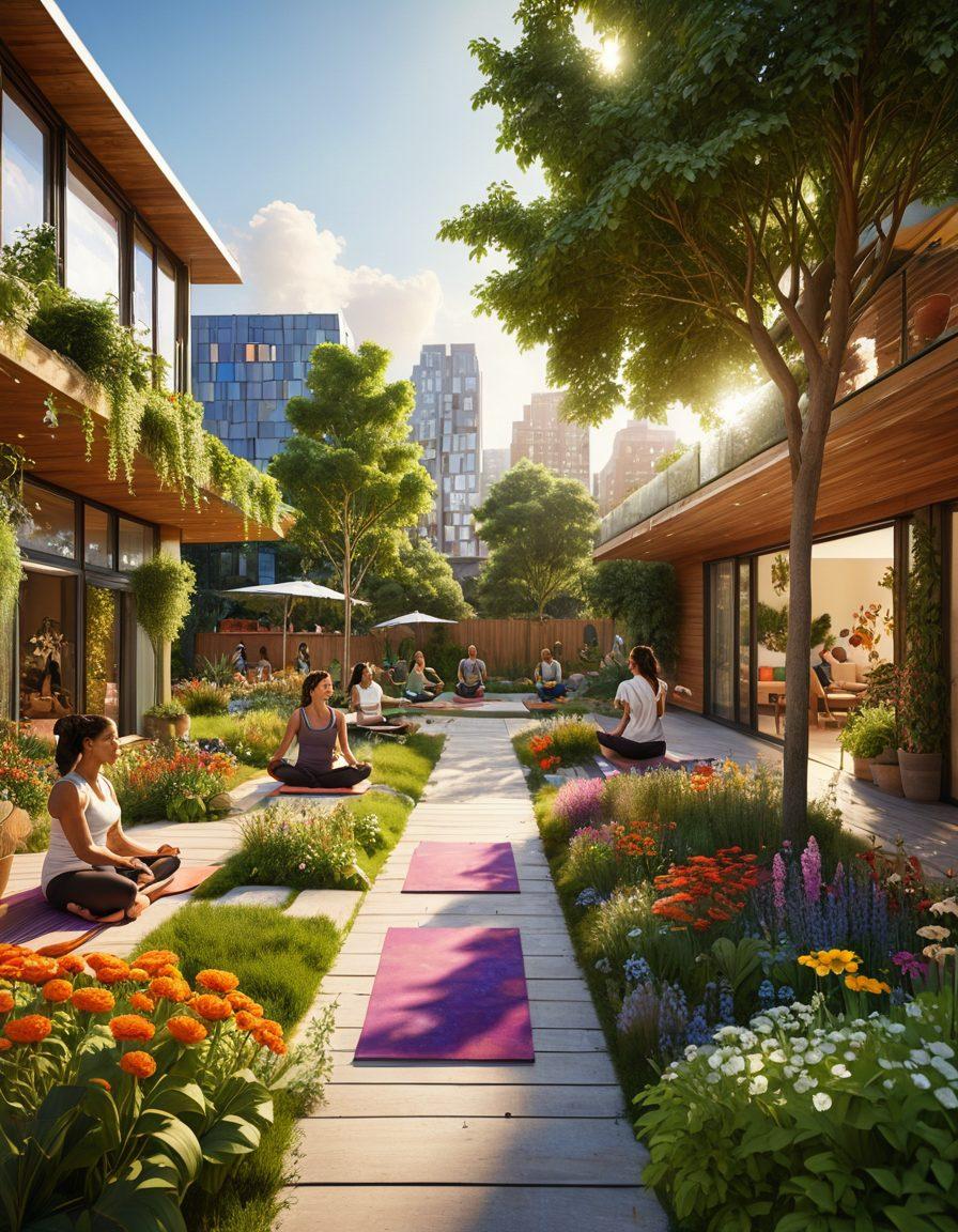 A diverse group of individuals engaged in various lifestyle activities representing transformation and fulfillment, such as yoga, cooking, and creative arts, surrounded by vibrant nature. Highlight an urban setting in the background that seamlessly incorporates modern trends like sustainable living and wellness. Enrich the scene with warm colors that evoke a sense of positivity and growth. super-realistic. vibrant colors. 3D.