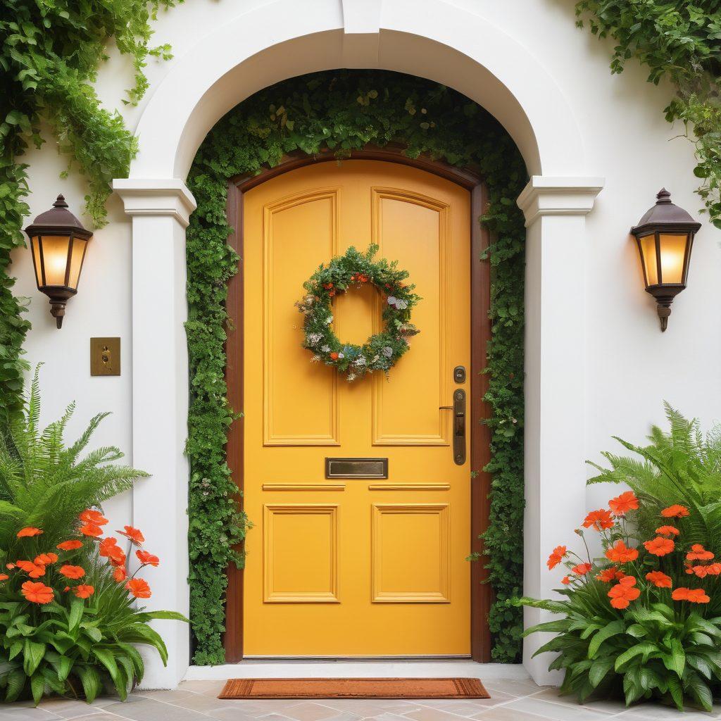 A key unlocking a glowing door with vibrant symbols representing various aspects of a fulfilling lifestyle such as travel, wellness, relationships, and personal growth. Surround the door with nature elements like flowers and greenery, symbolizing transformation and positivity. A warm and inviting color palette enhances the feeling of discovery. super-realistic. vibrant colors. white background.